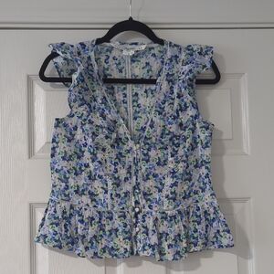 Veronica Beard Blue Floral Ruffle Button-Front Sleeveless Top